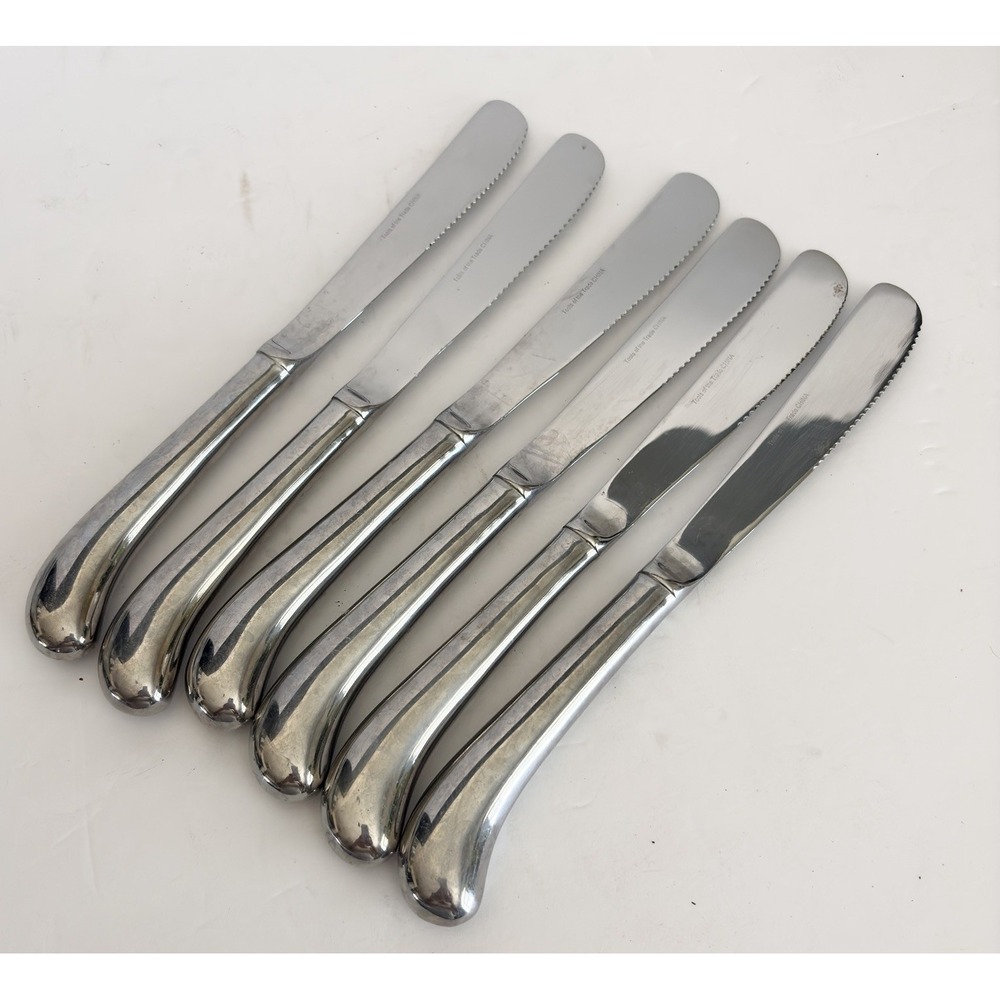 VTG Lot Of 6 Silver stainless Butter Dinner Knives Pistol Grip MCM Serrated